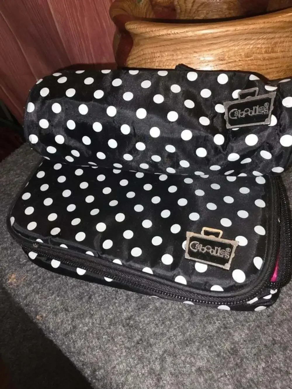 Caboodles Polka Dot Makeup Bag Set Black White Hot Pink Brush Organizer & Barrel